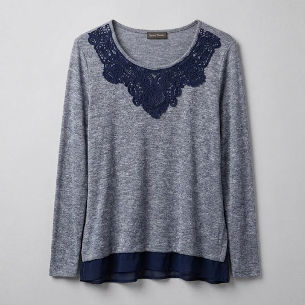 Karen Brooks Navy Blue Lace Trim Long Sleeve Top - Size M